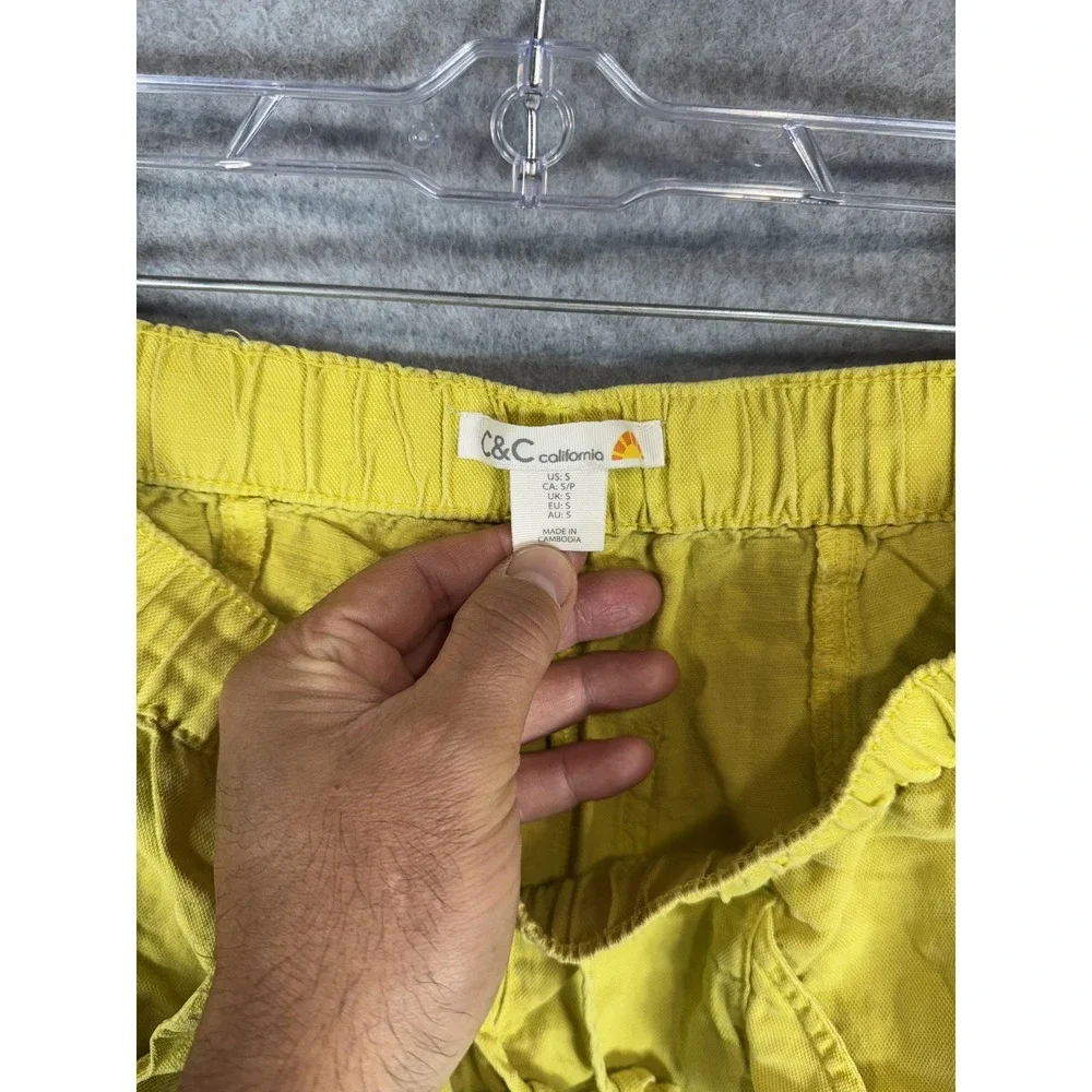 C&C California Shorts Womens Small Yellow Linen Blend Casual Drawstring Pockets